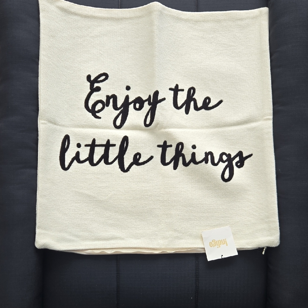 Indigo Cream Accent Pillow Cover with 'Enjoy the little things' Script
